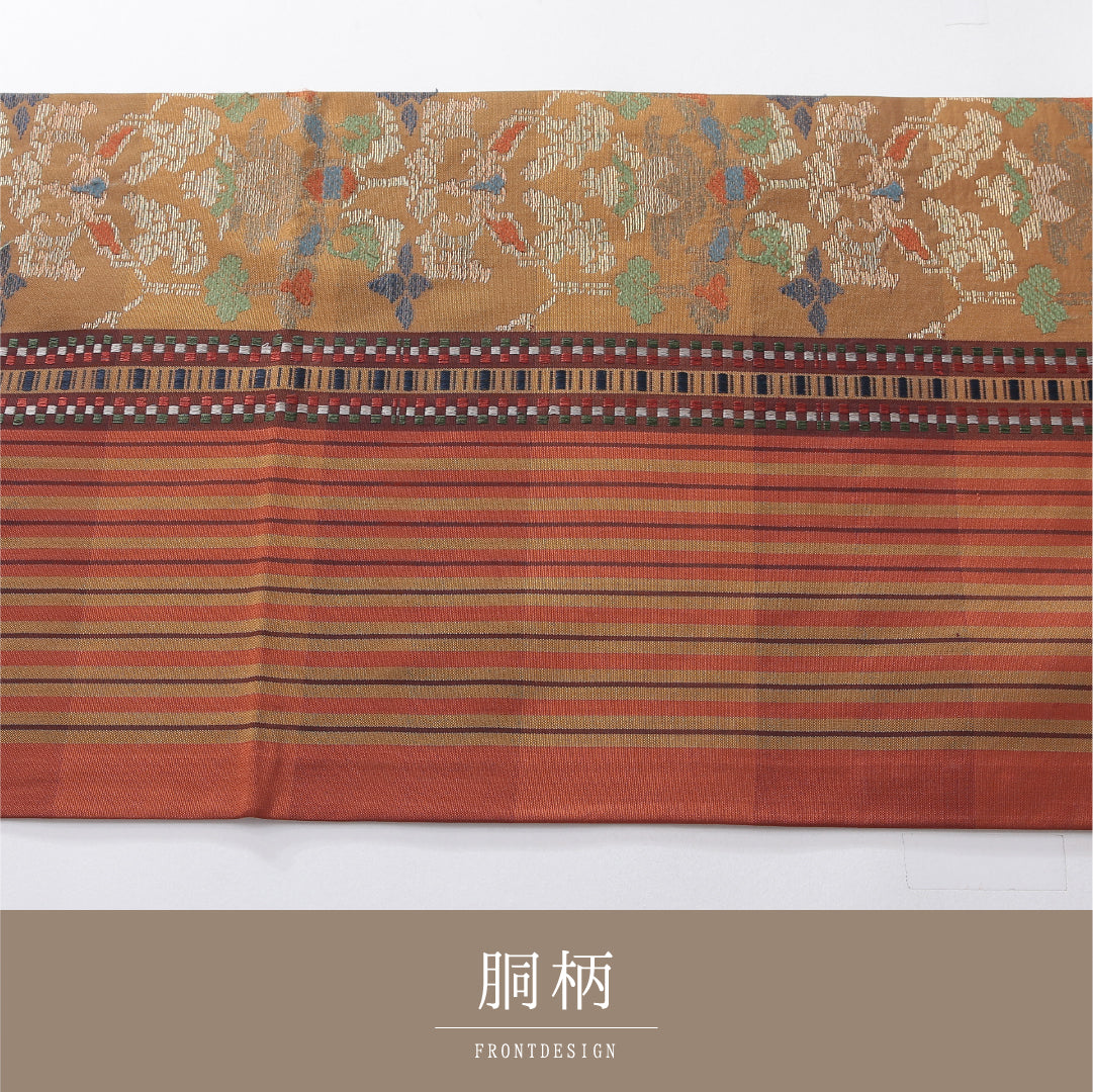 九寸名古屋帯 帯丈350cm インフォーマル 開き仕立て 六通 Aランク 正絹 花柄 縞 多色系 1224-03904