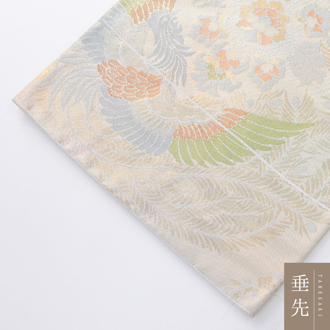 袋帯 帯丈416cm 正絹 六通 フォーマル 鳳凰 宝相華 クリーム系 銀系 1243-02174