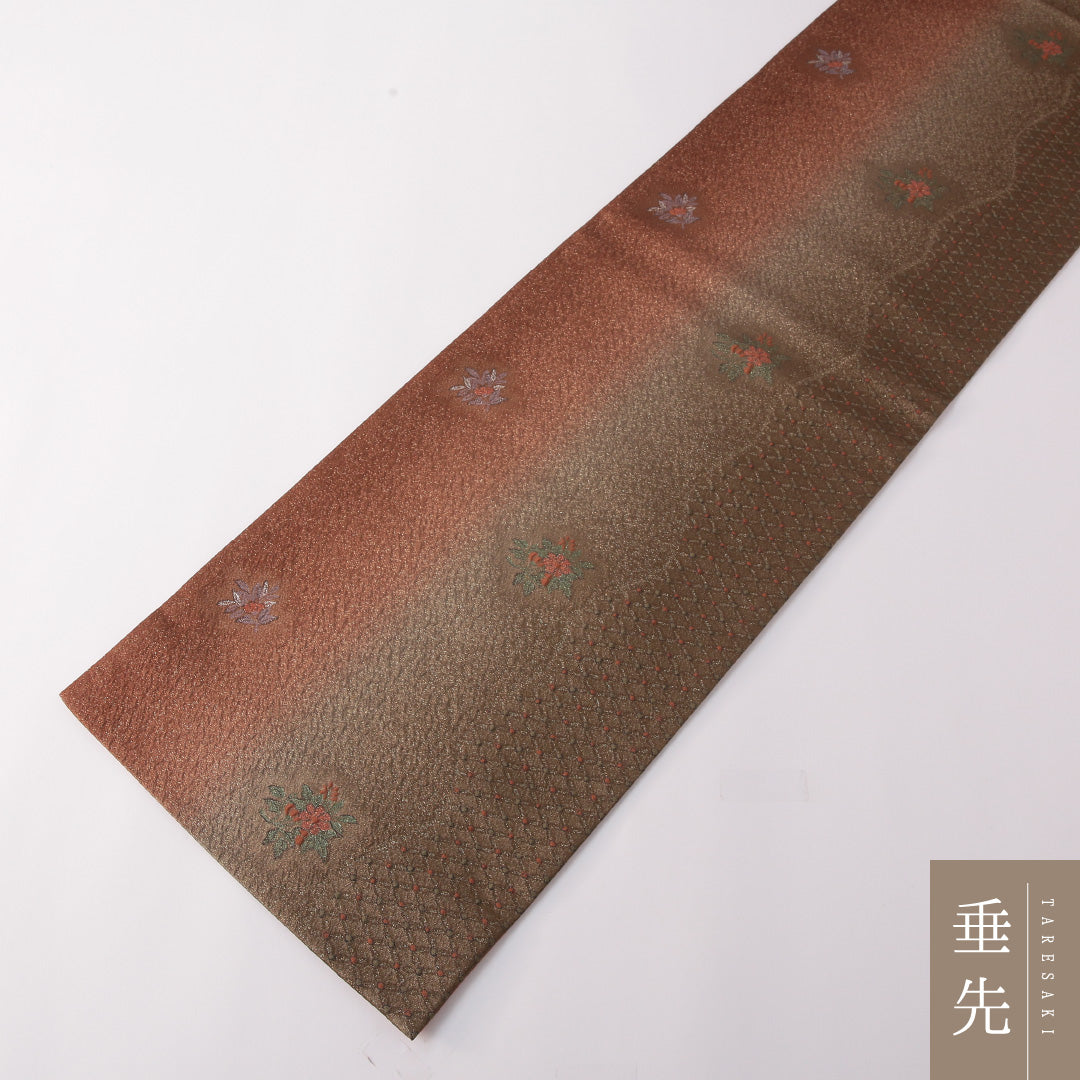 袋帯 帯丈432cm セミフォーマル 六通 Sランク 正絹 ふくれ織 椿 茶系 緑系 1223-01769