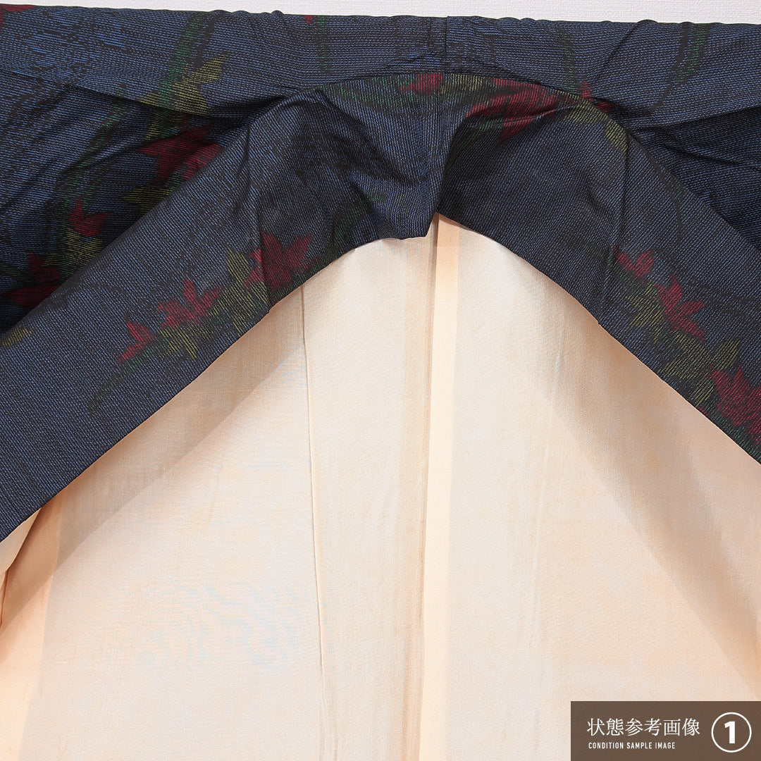 大島紬 袷 身丈159cm 裄丈65cm 正絹 Aランク インフォーマル 広衿 Mサイズ 花柄 紺系 RP 1223-15038