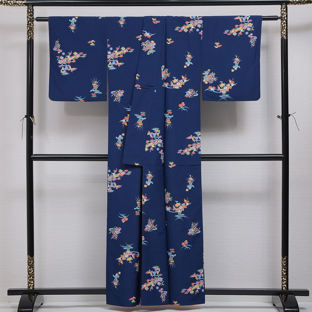 洗える着物 小紋 袷 身丈159cm 裄丈62cm ポリエステル Sランク インフォーマル 広衿 Mサイズ 茶屋辻 紺系 RP 1221-16089