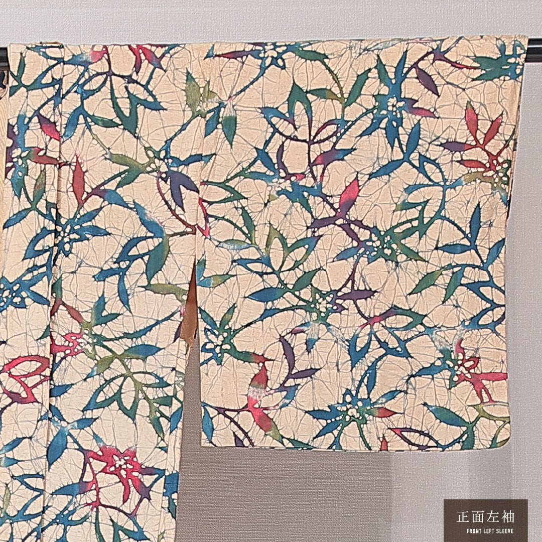 羽織 袷 身丈72cm 裄丈65cm 正絹 Aランク Mサイズ カジュアル 紐あり 植物柄 クリーム系 1217-15121