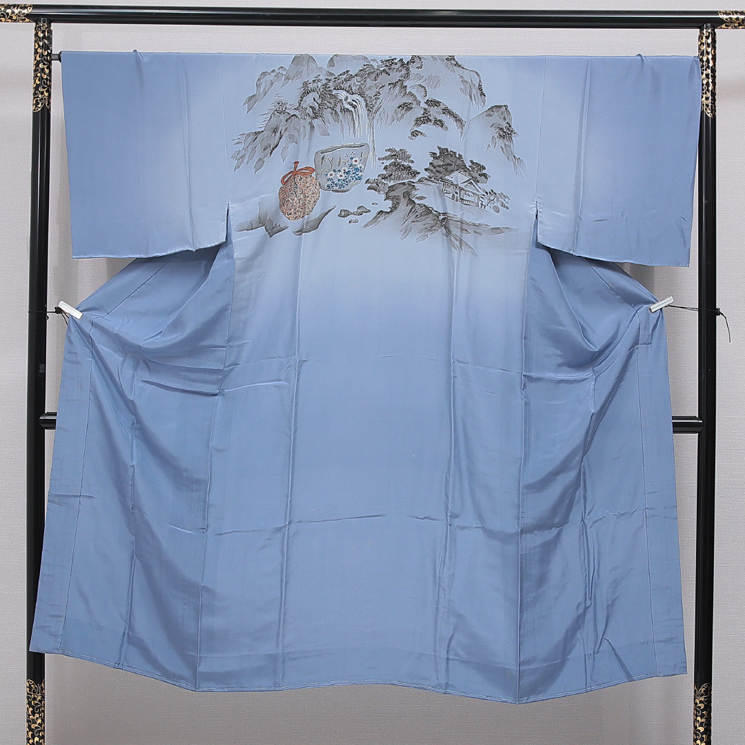 長襦袢 男性用 無双袖 身丈144cm 裄丈69cm 正絹 Cランク Lサイズ 茶道具 山水 水色系 LP 1241-16722
