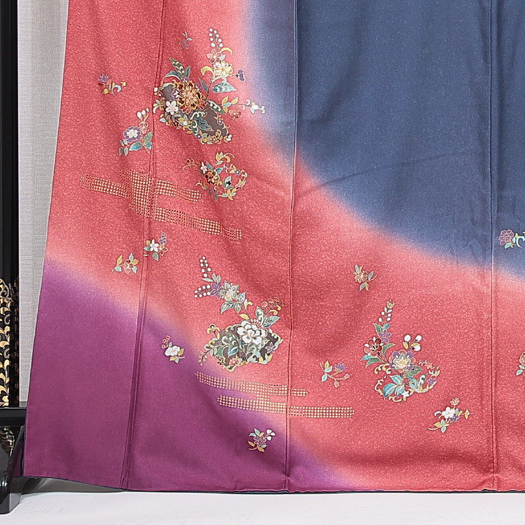 訪問着 袷 身丈169cm 裄丈64cm 正絹 Sランク セミフォーマル 広衿 XLサイズ 金駒刺繍 唐華 古典的 華やか 多色系 M4 1217-15096