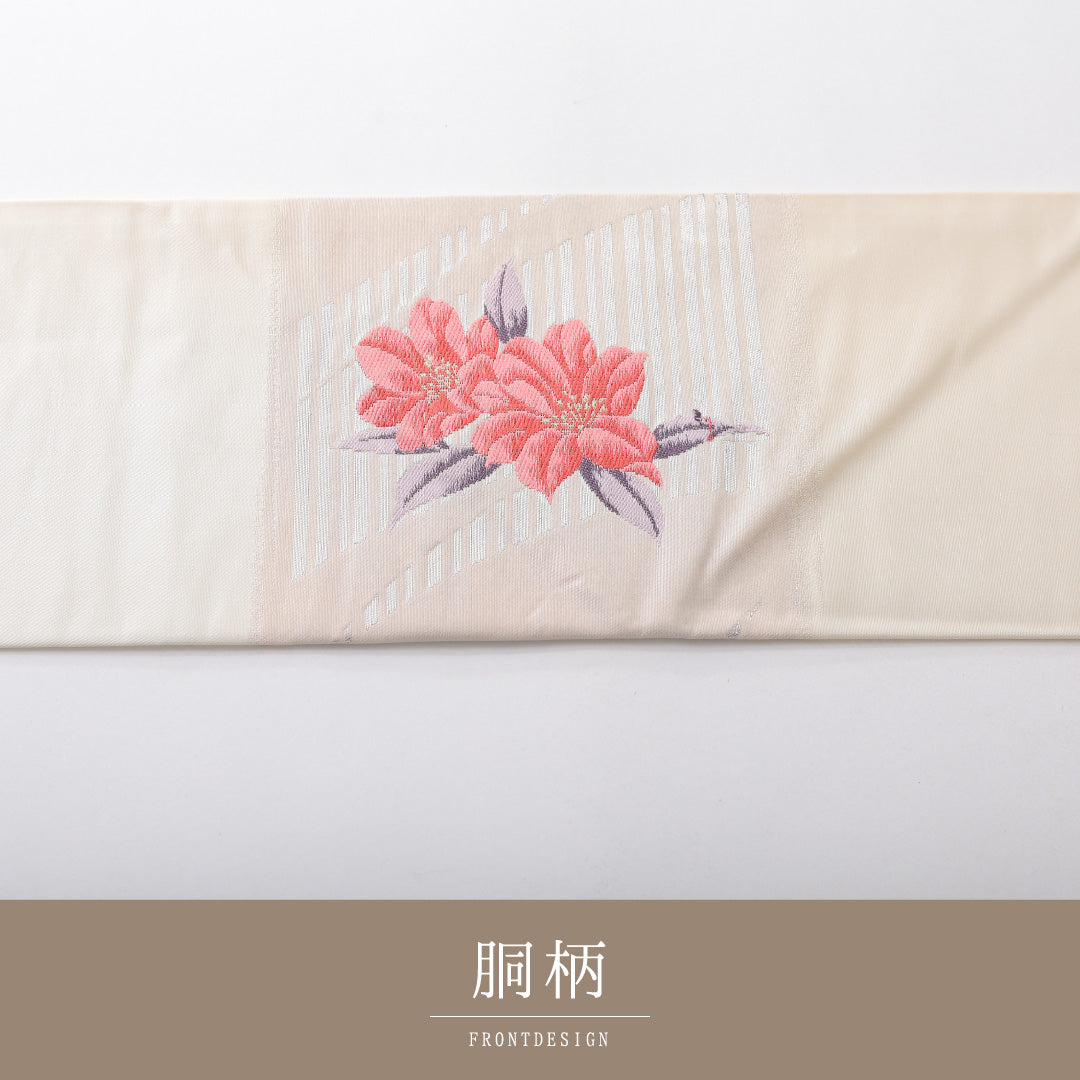 九寸名古屋帯 Aランク 帯丈348cm 正絹 ポイント柄 名古屋仕立て 織り インフォーマル 椿 淡いピンク系 RP 1245-03754