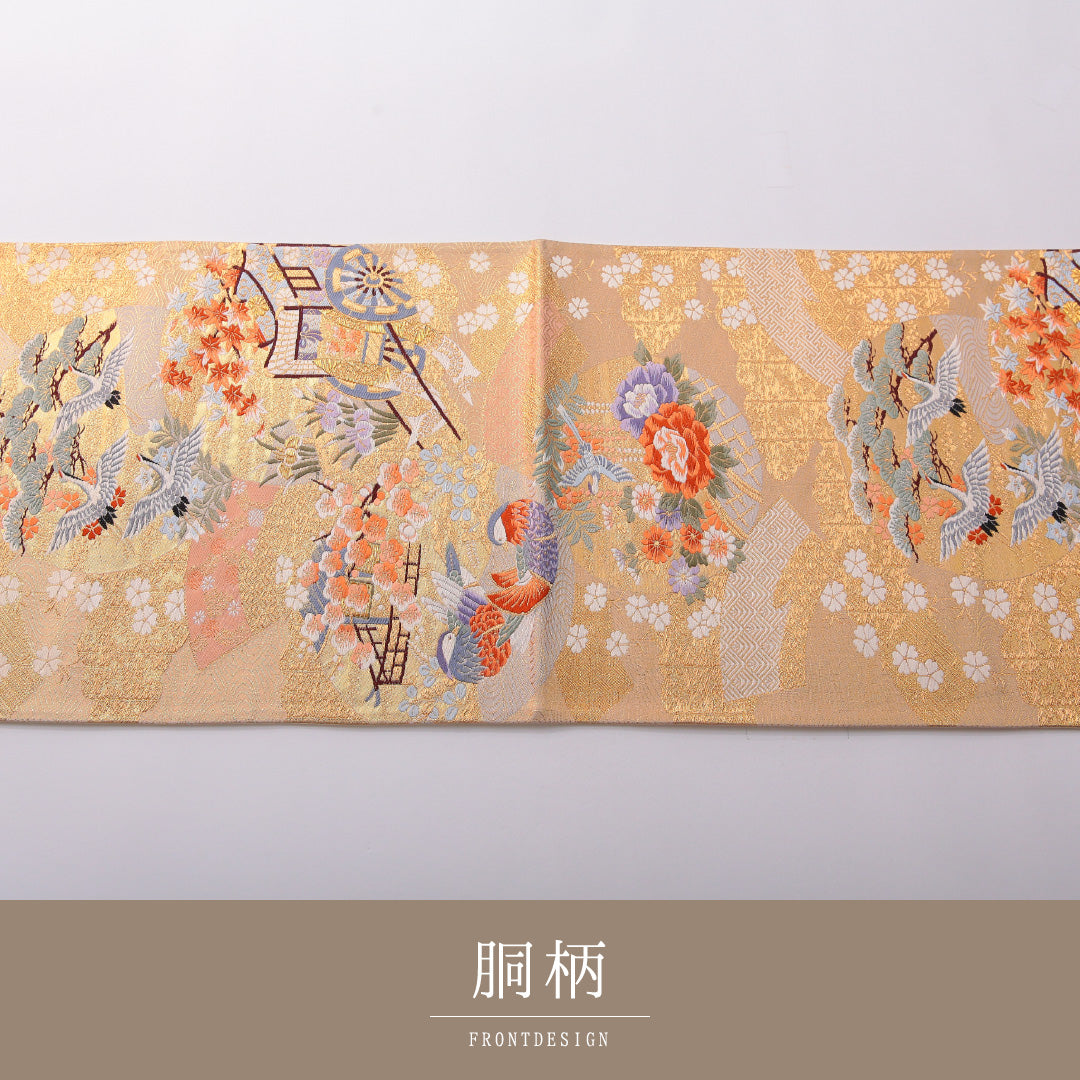 袋帯 帯丈426cm フォーマル 六通 Sランク 正絹 花車 金系 1223-01979