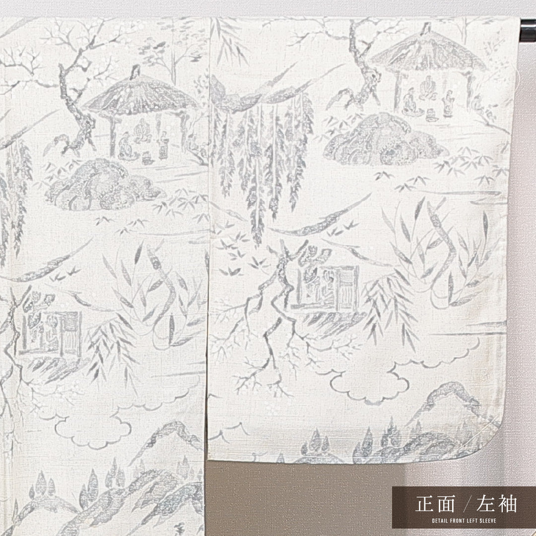 紬 袷 身丈163cm 裄丈64cm 正絹 Cランク カジュアル 広衿 Lサイズ 手描き 染め紬 人物 風景柄 クリーム系 LP 1223-15567