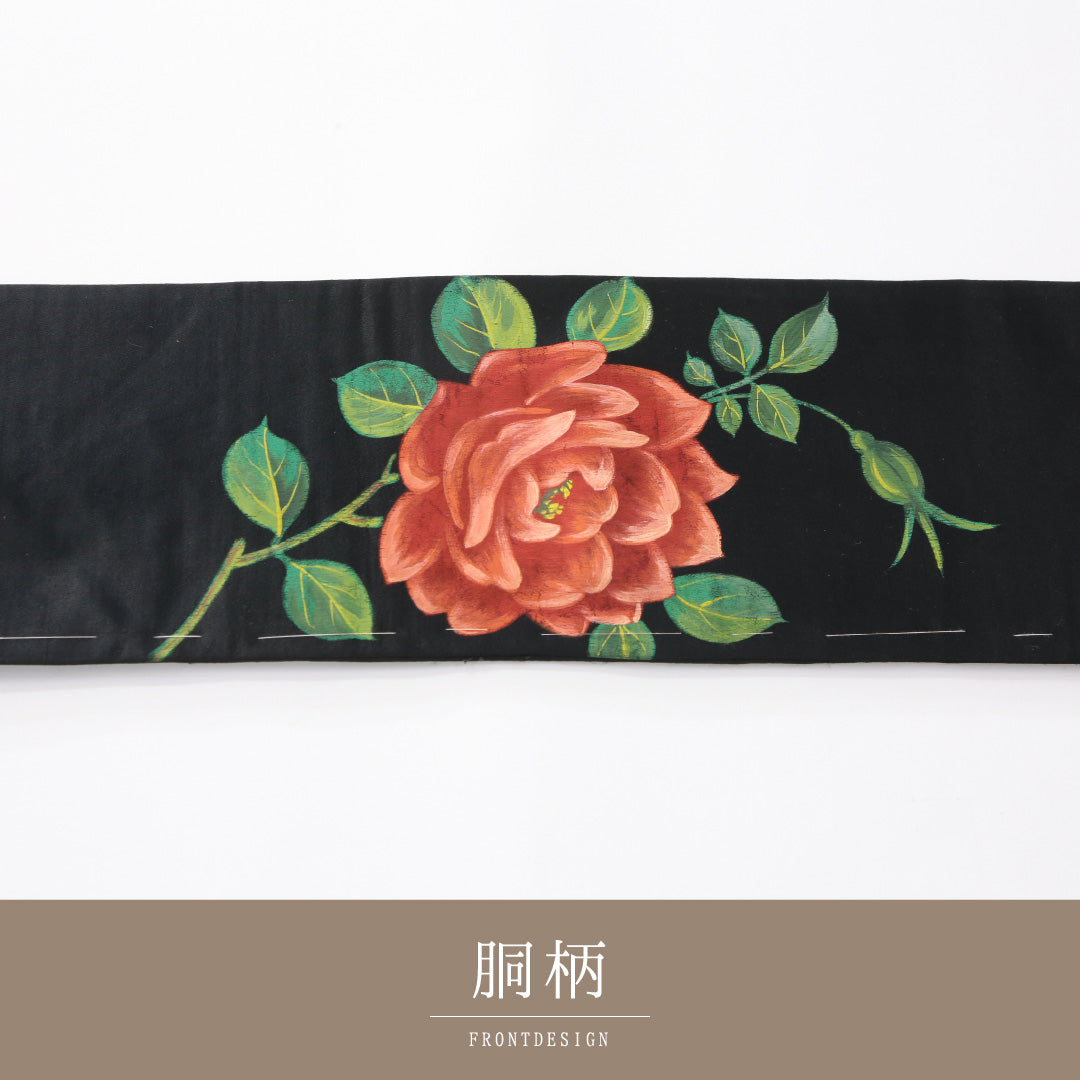 アンティーク 九寸名古屋帯 帯丈259cm 名古屋仕立て ポイント柄 Aランク 正絹 染め帯 ペンテ帯 薔薇 黒系 1224-04149