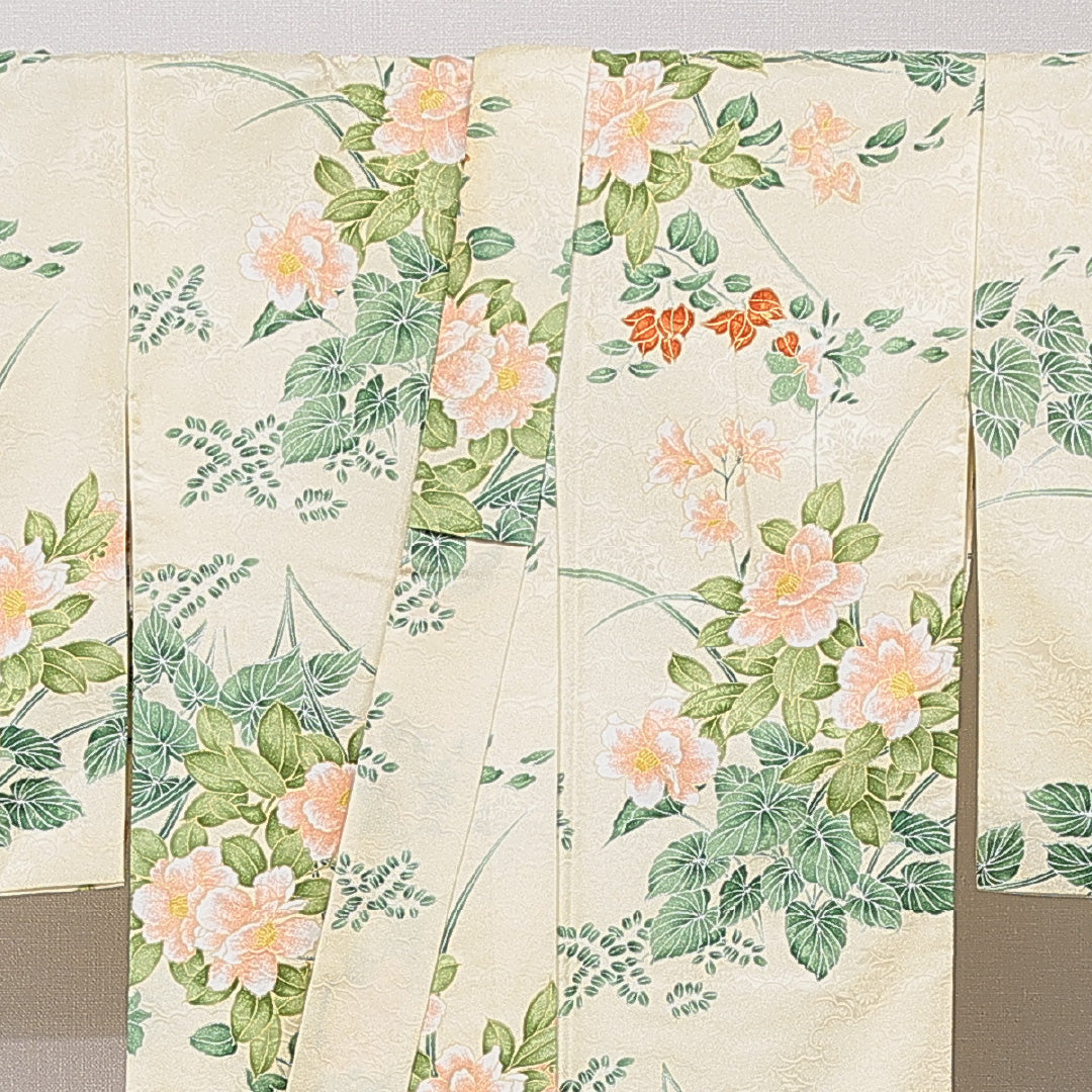 小紋 洗える着物 袷 身丈160cm 裄丈64cm ポリエステル Cランク Lサイズ バチ衿 インフォーマル 椿 クリーム系 1215-15839