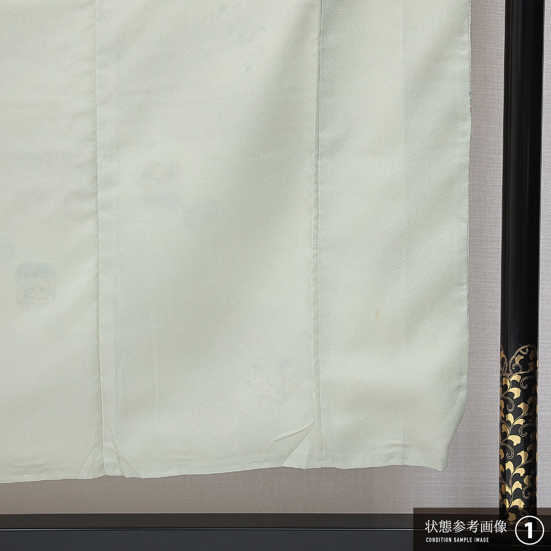 洗える着物 小紋 袷 身丈159cm 裄丈64cm ポリエステル Sランク 紋意匠 (吉祥文様) インフォーマル 広衿 Mサイズ 貝桶 緑系 RP 1221-15984