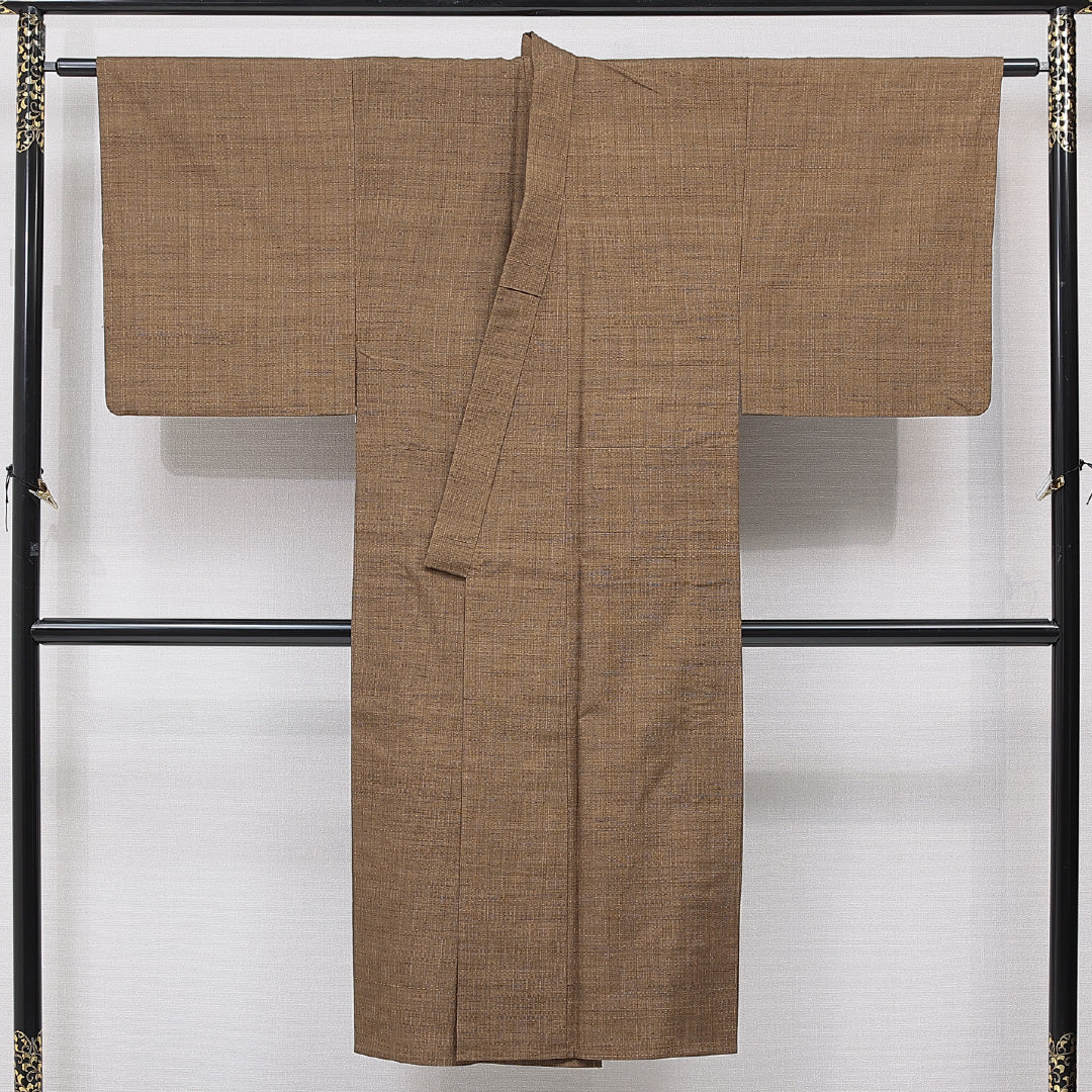 男着物 単衣 身丈135cm 裄丈66cm 正絹 Sランク カジュアル 棒衿 Sサイズ 無地 茶系 M4 1224-15767