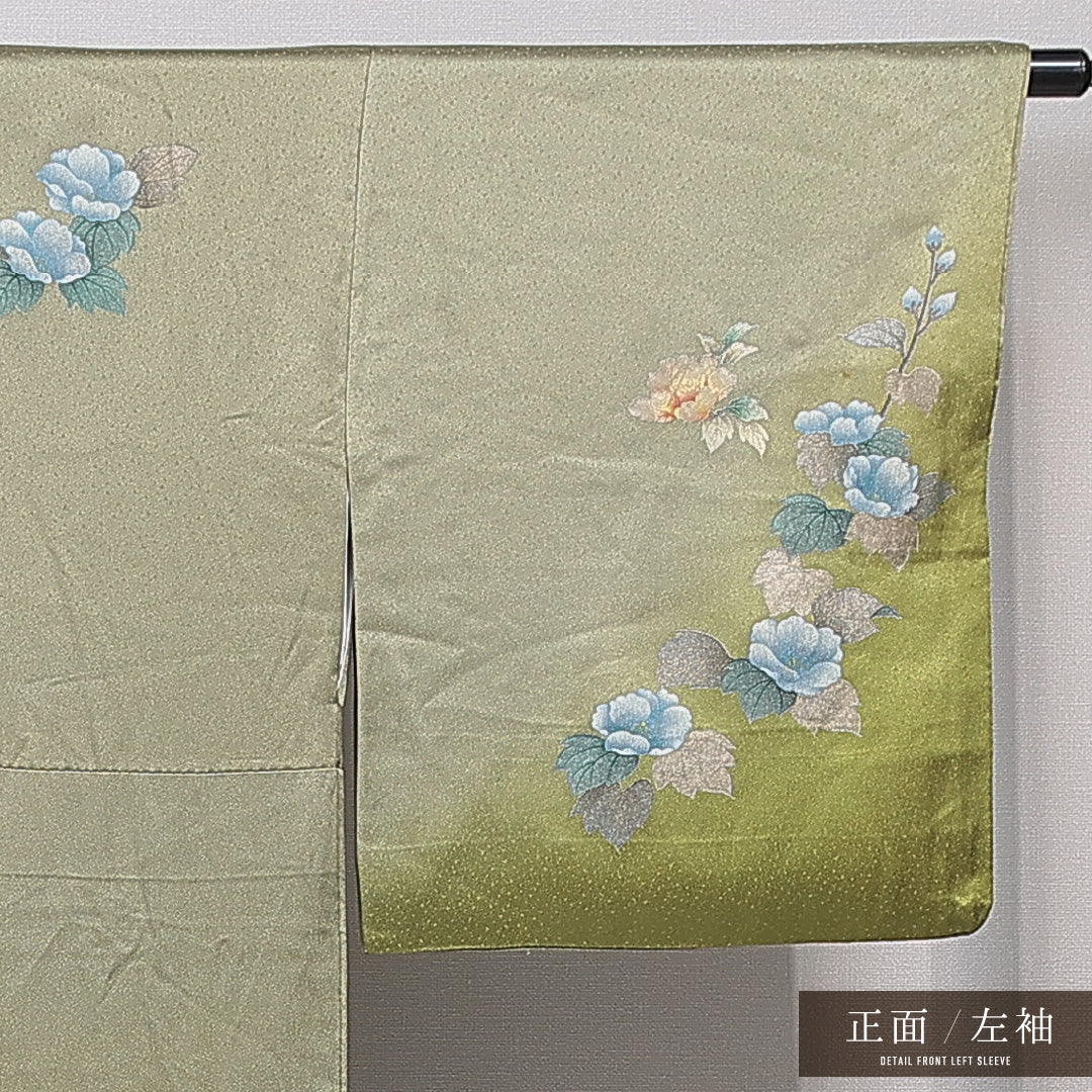 訪問着 袷 身丈161cm 裄丈67cm 正絹 Cランク Lサイズ 広衿 セミフォーマル 牡丹 緑系 1212-15660