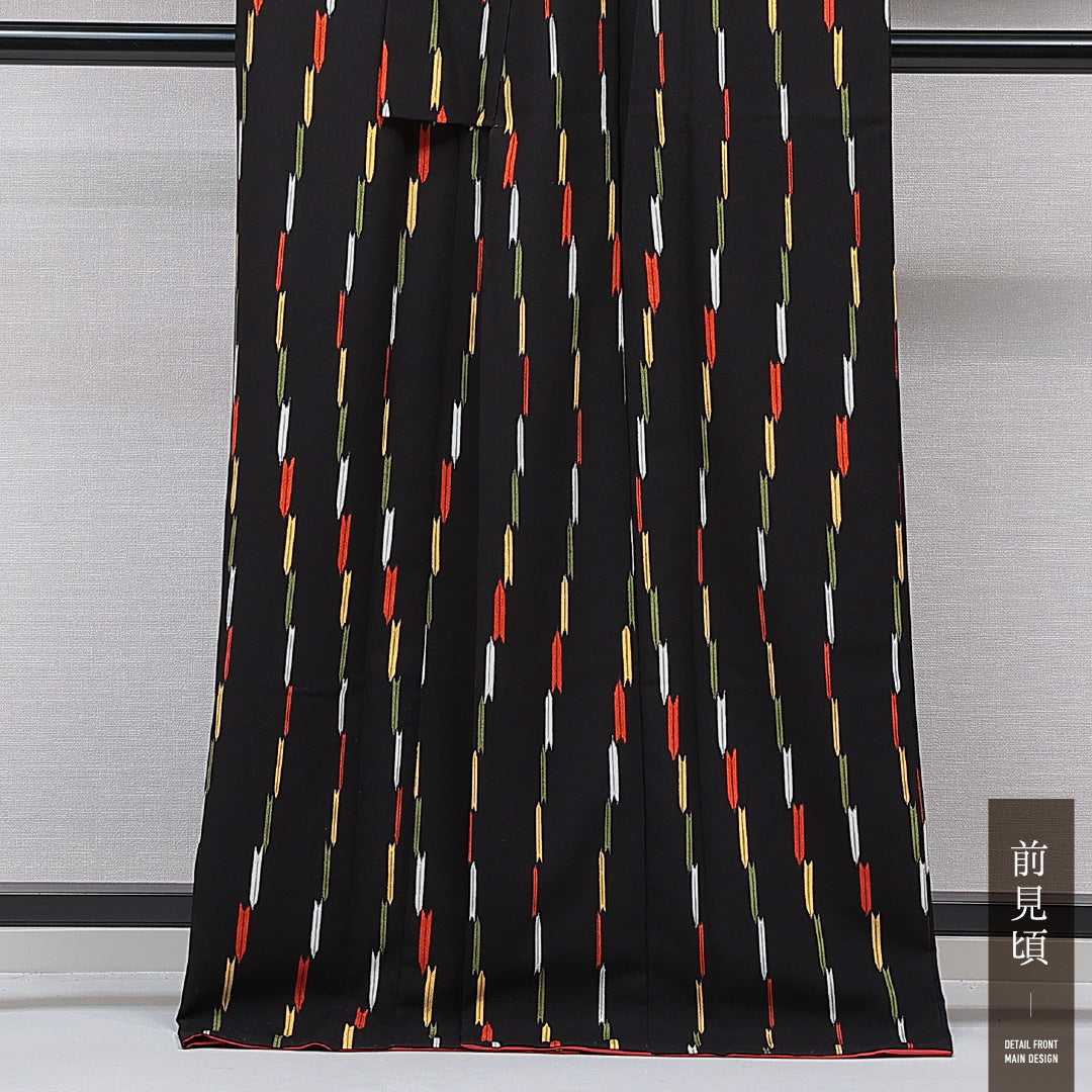 小紋 袷 身丈168cm 裄丈65cm 正絹 Sランク XLサイズ 広衿 インフォーマル 縞 黒系 多色系 1215-15485