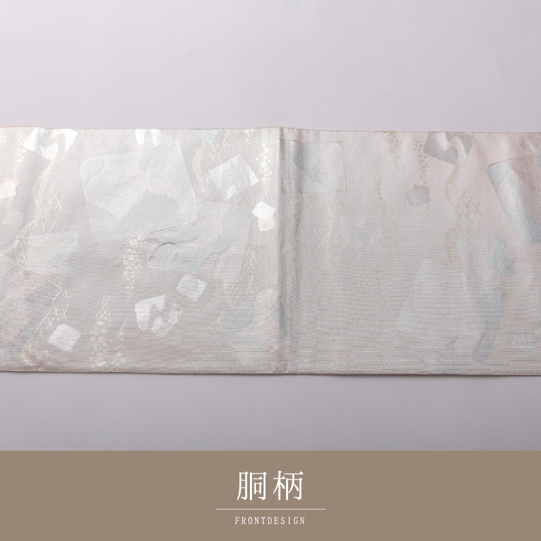 袋帯 帯丈444cm フォーマル 六通 Aランク 正絹 創作柄 銀系 ピンク系 1223-01975