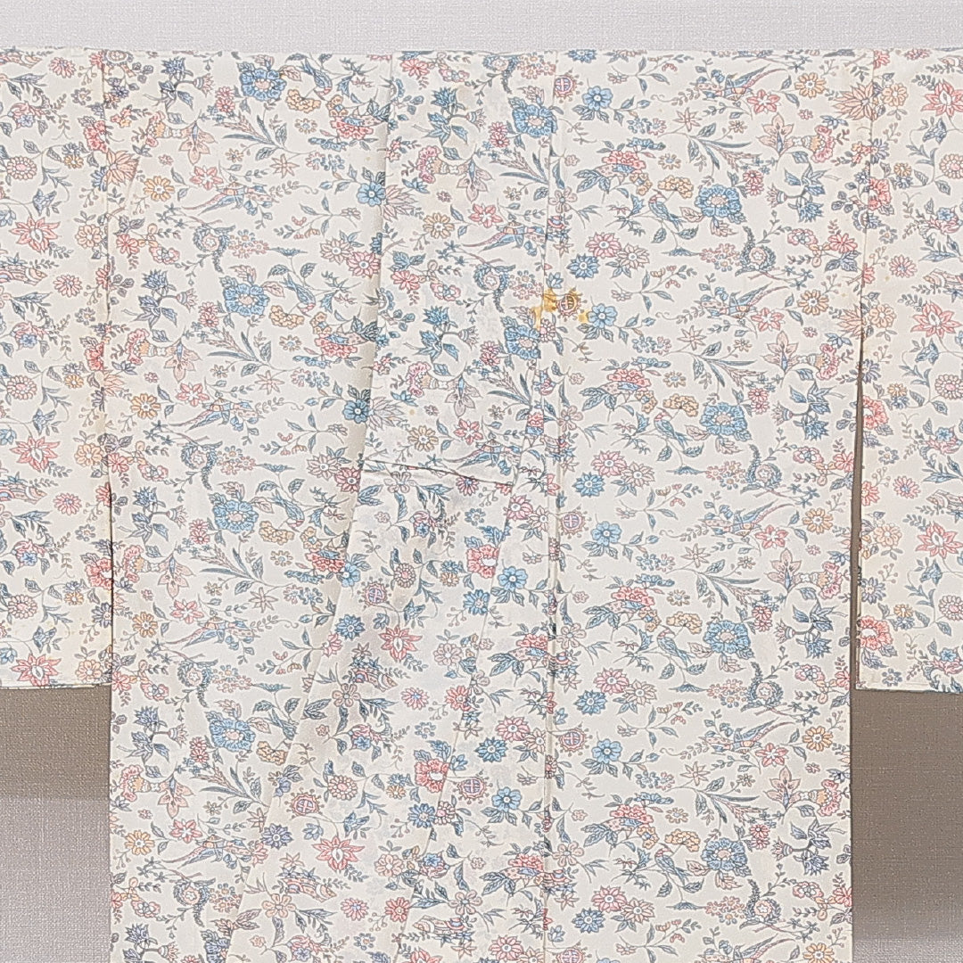 小紋 洗える着物 袷 身丈158cm 裄丈63cm ポリエステル Cランク Mサイズ 広衿 インフォーマル 菊 クリーム系 1215-15810