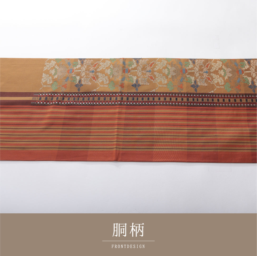 九寸名古屋帯 帯丈350cm インフォーマル 開き仕立て 六通 Aランク 正絹 花柄 縞 多色系 1224-03904