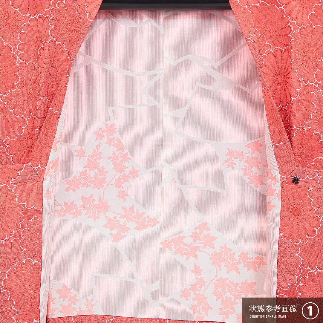 道行コート 袷 身丈86cm 裄丈64cm 正絹 Sランク セミフォーマル Mサイズ ポケットあり 菊 古典的 鮮やか 朱系 HP 1237-16161