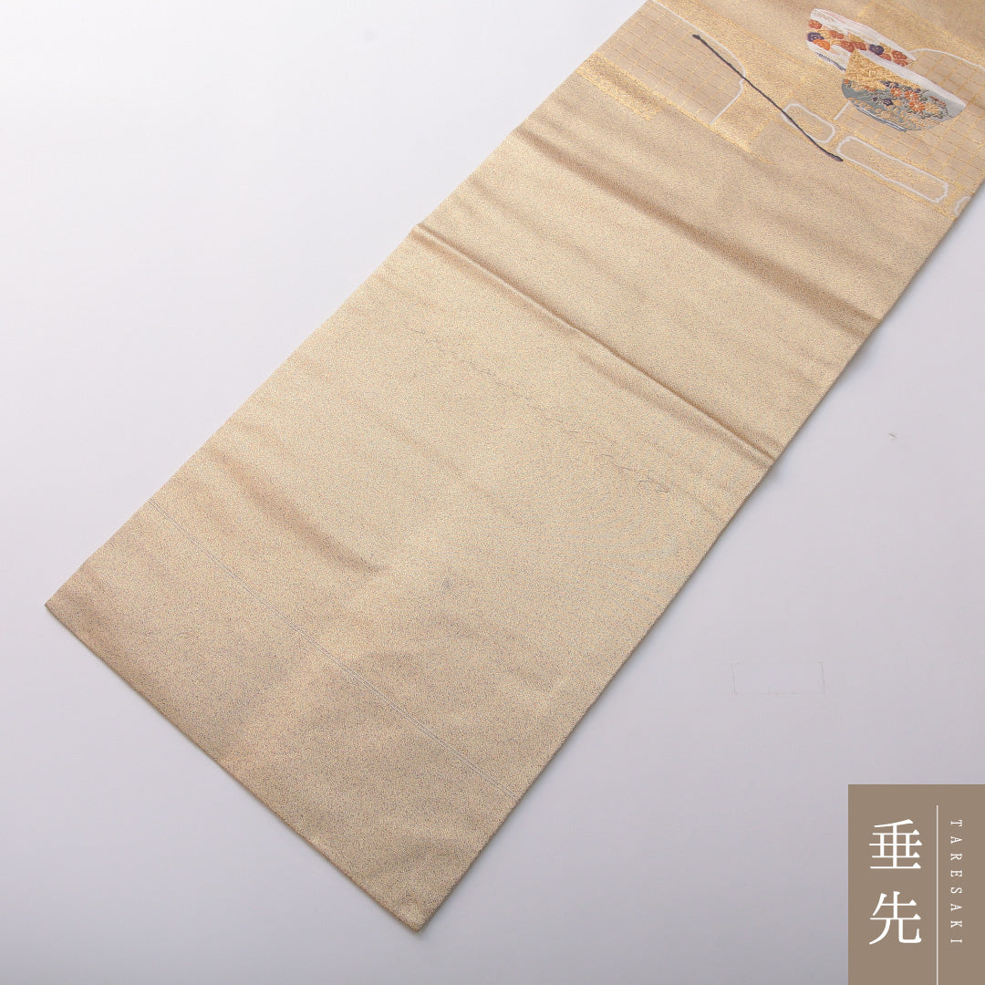 九寸名古屋帯 帯丈355cm セミフォーマル 名古屋仕立て ポイント柄 Aランク 正絹 茶道具 金系 1224-03479