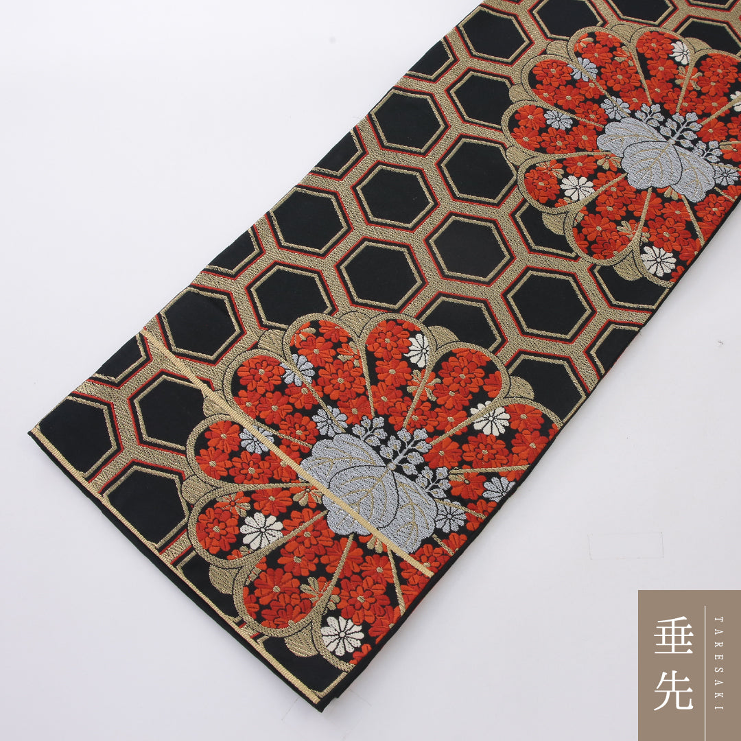 袋帯 帯丈400cm 正絹 六通 未仕立て フォーマル 亀甲 菊 古典柄 桐 黒系 1243-02179