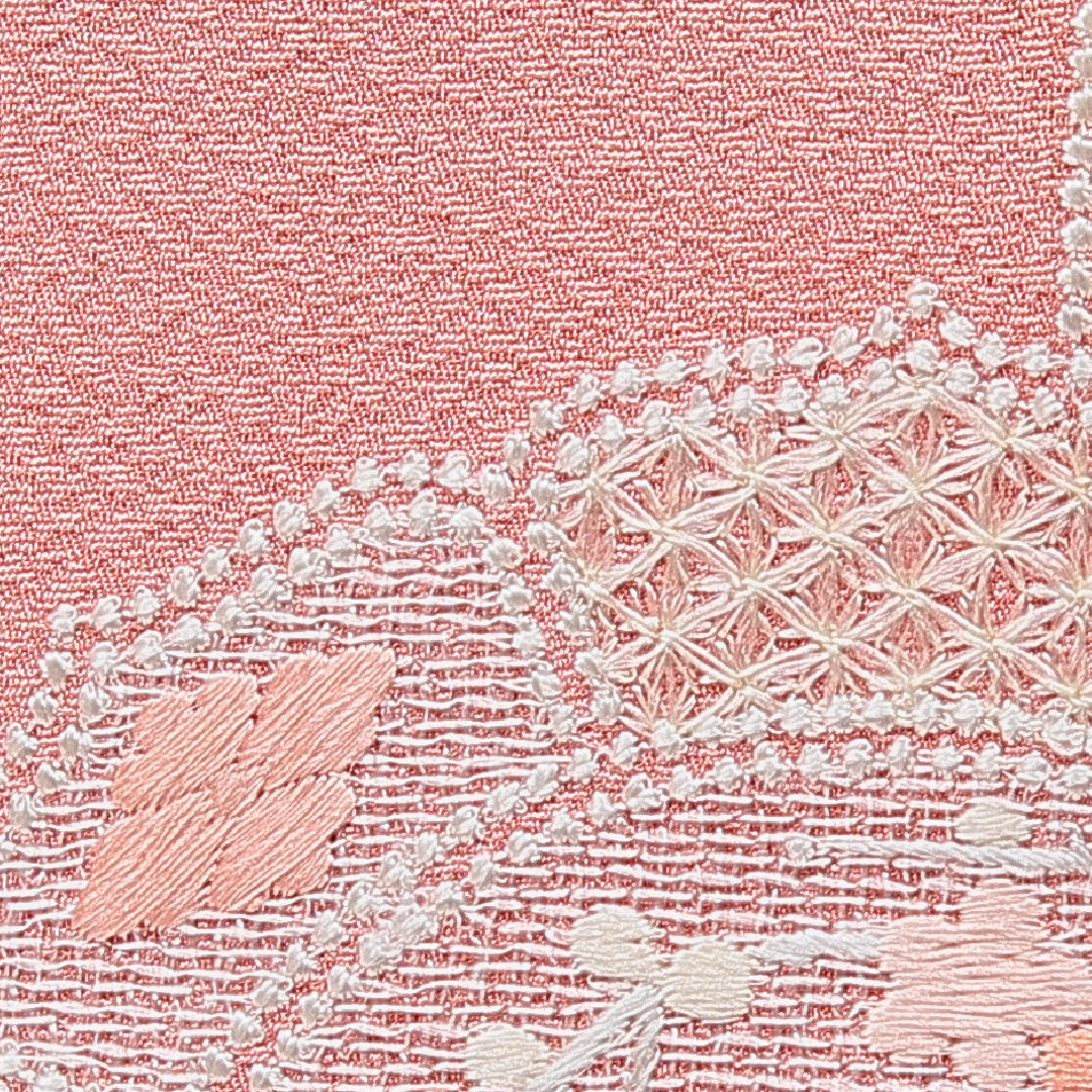 付下げ 袷 身丈161cm 裄丈67cm 正絹 Cランク インフォーマル 広衿 Lサイズ 蘇州刺繍 鏡裏文 花柄 ピンク系 HP 1218-15495