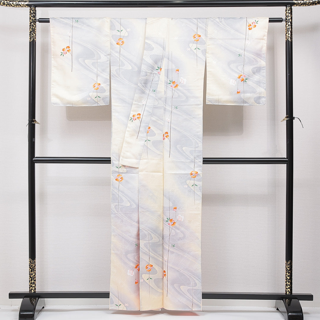 小紋 洗える着物 袷 身丈160cm 裄丈63cm ポリエステル Cランク Lサイズ 広衿 インフォーマル 青海波 花柄 クリーム系 1215-15832