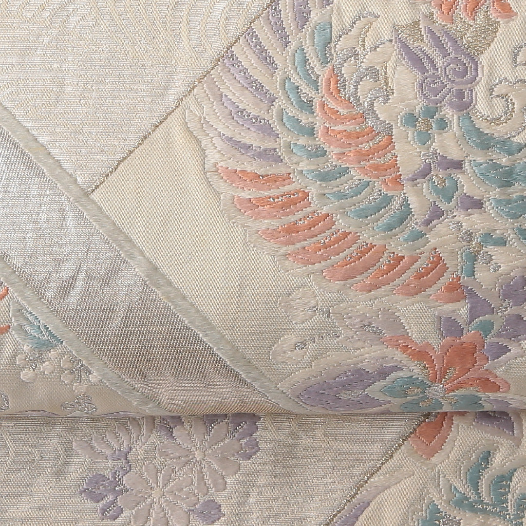 袋帯 帯丈414cm 正絹 六通 帯端のみ未仕立て フォーマル 裂取り 鳳凰 クリーム系 銀系 1243-01809