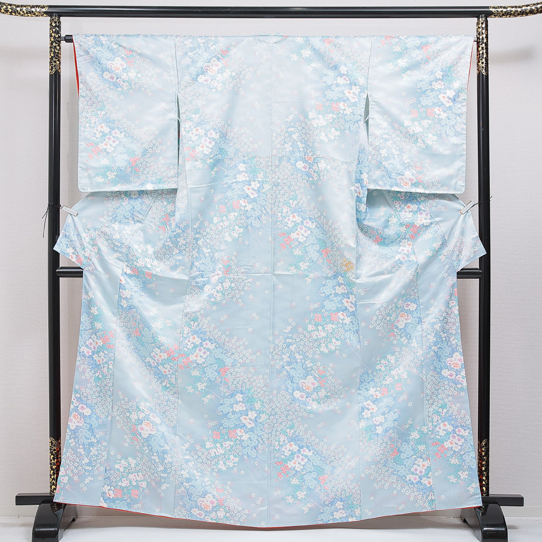 小紋 洗える着物 袷 身丈164cm 裄丈65cm ポリエステル Cランク Lサイズ 広衿 インフォーマル 花柄 水色系 1215-16255