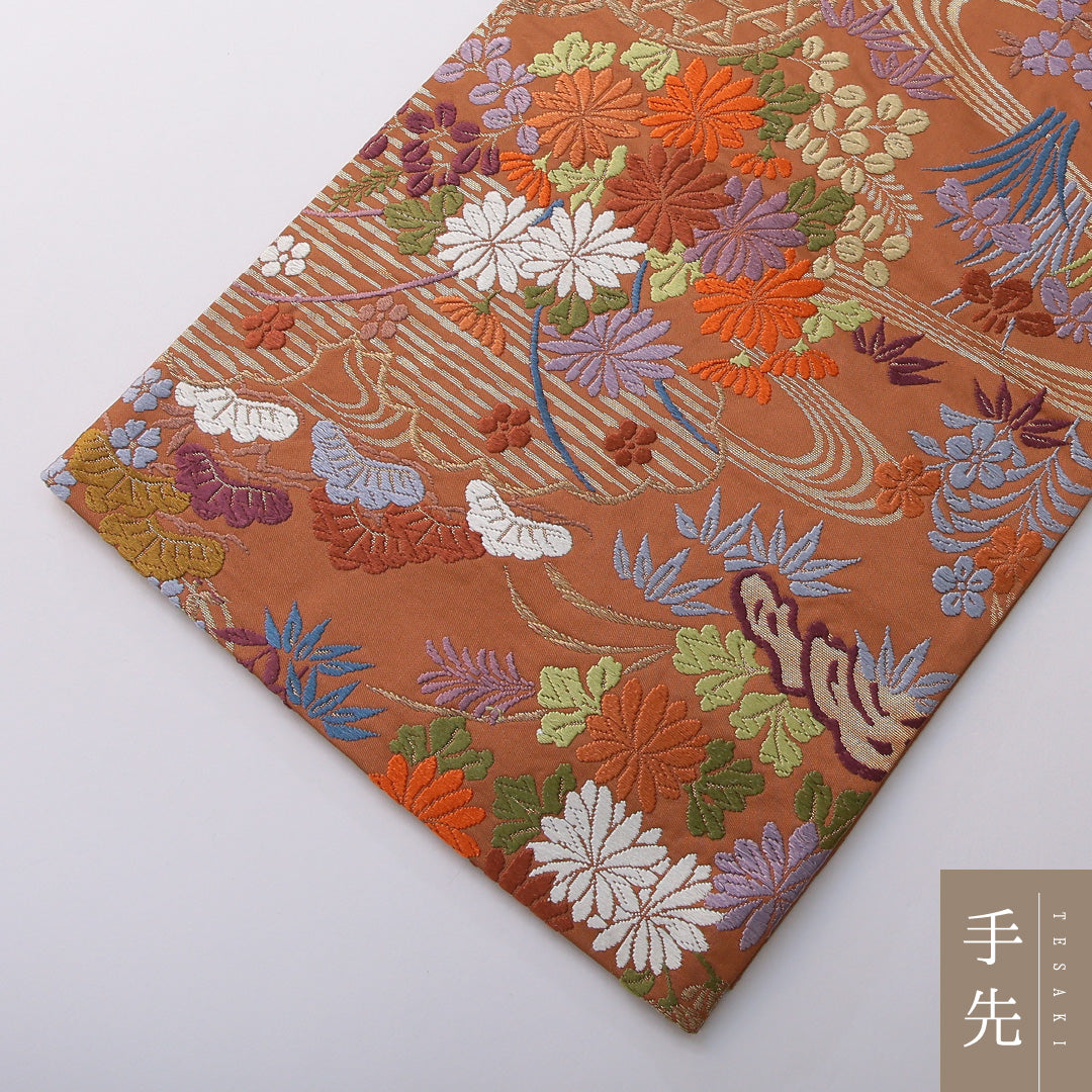 袋帯 帯丈430cm 正絹 六通 フォーマル 唐織 四季草花 吉祥文様 茶系 1243-02034
