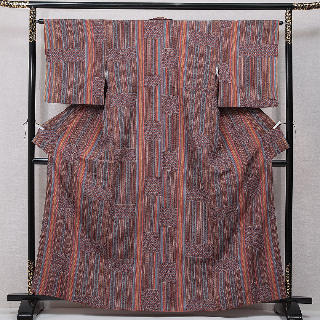 小紋 袷 身丈163cm 裄丈63cm 正絹 Sランク Lサイズ 広衿 インフォーマル 創作柄 多色系 1215-15487