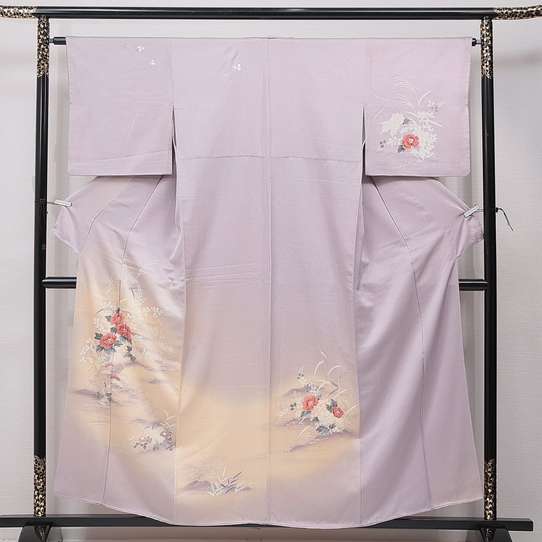 訪問着 袷 身丈155cm 裄丈63cm 正絹 Bランク セミフォーマル 広衿 Mサイズ 牡丹 可憐 優しい 紫系 RP 1217-15441