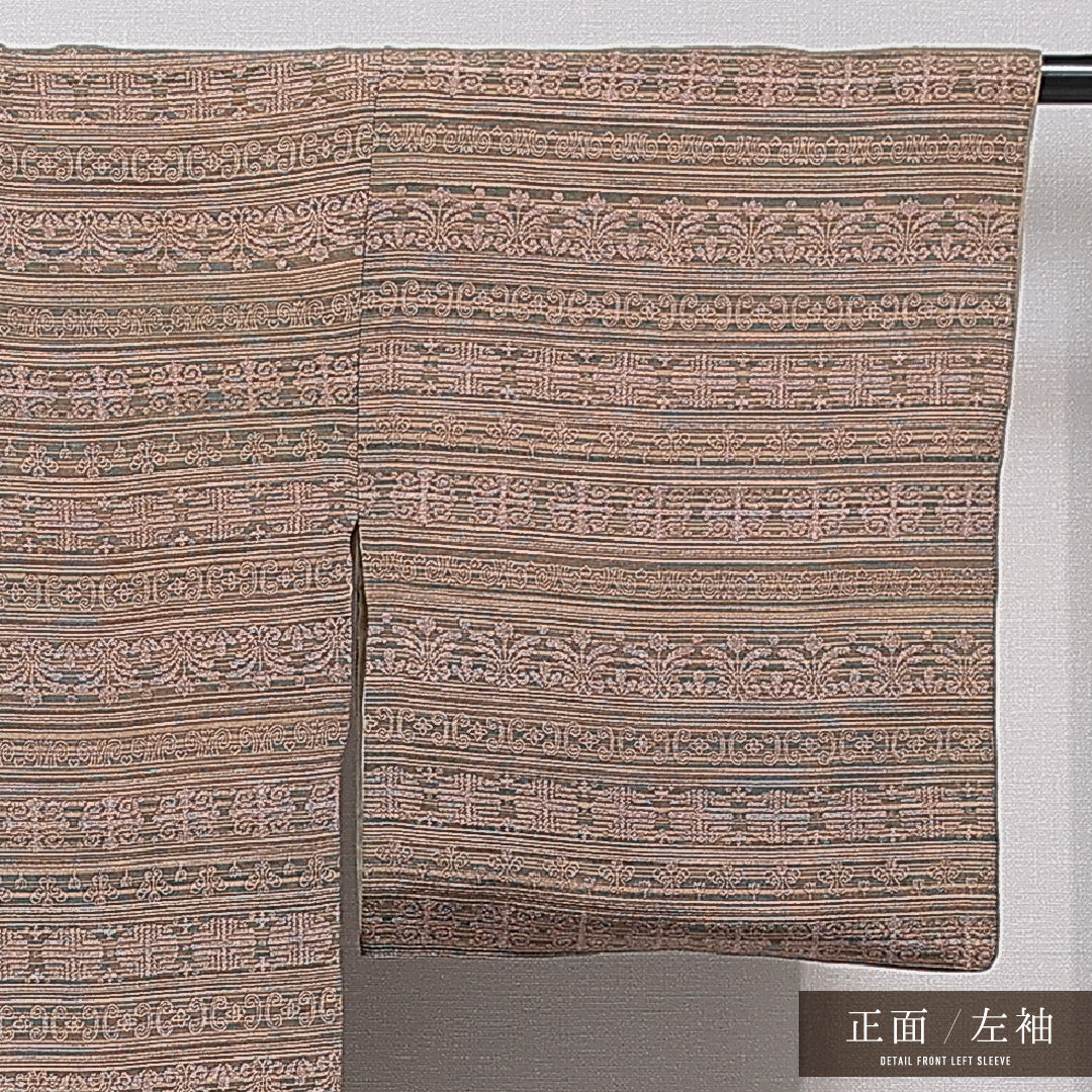 小紋 袷 身丈165cm 裄丈65cm 正絹 Sランク インフォーマル バチ衿 XLサイズ 花柄 茶系 RP 1221-15436