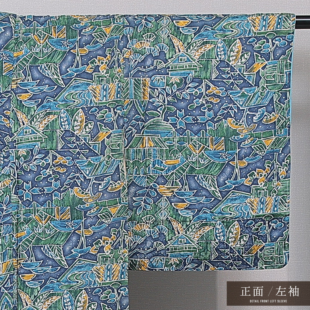 小紋 袷 身丈152cm 裄丈62cm 正絹 Aランク インフォーマル 広衿 Sサイズ チューリップ 笹 青系 RP 1221-15753