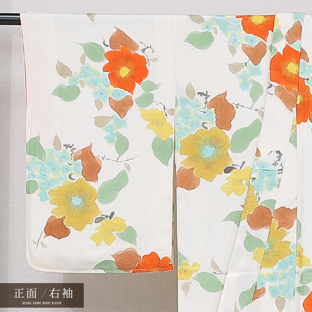 小紋 袷 身丈160cm 裄丈64cm 正絹 Sランク インフォーマル バチ衿 Lサイズ 紫陽花 椿 クリーム系 RP 1221-15595