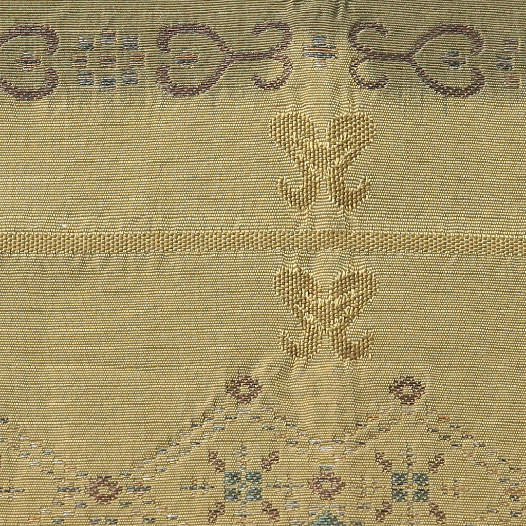 袋帯 帯丈422cm 正絹 全通 セミフォーマル アラベスク段文 名物裂 緑系 多色系 1243-02106