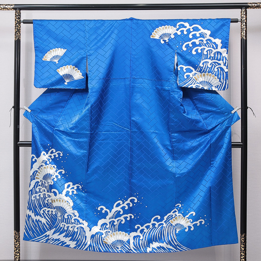 訪問着 袷 身丈150cm 裄丈60cm 正絹 Cランク Sサイズ 広衿 セミフォーマル 扇 波頭 金彩 青系 1212-15902