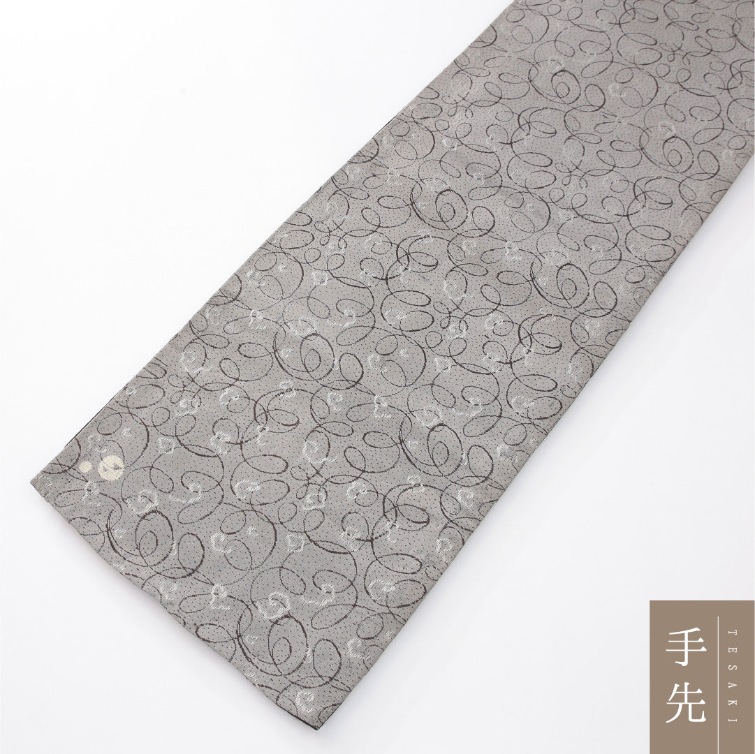 アンティーク 九寸名古屋帯 帯丈370cm 開き仕立て 六通 Aランク 正絹 創作柄 落款 グレー系 1224-04172