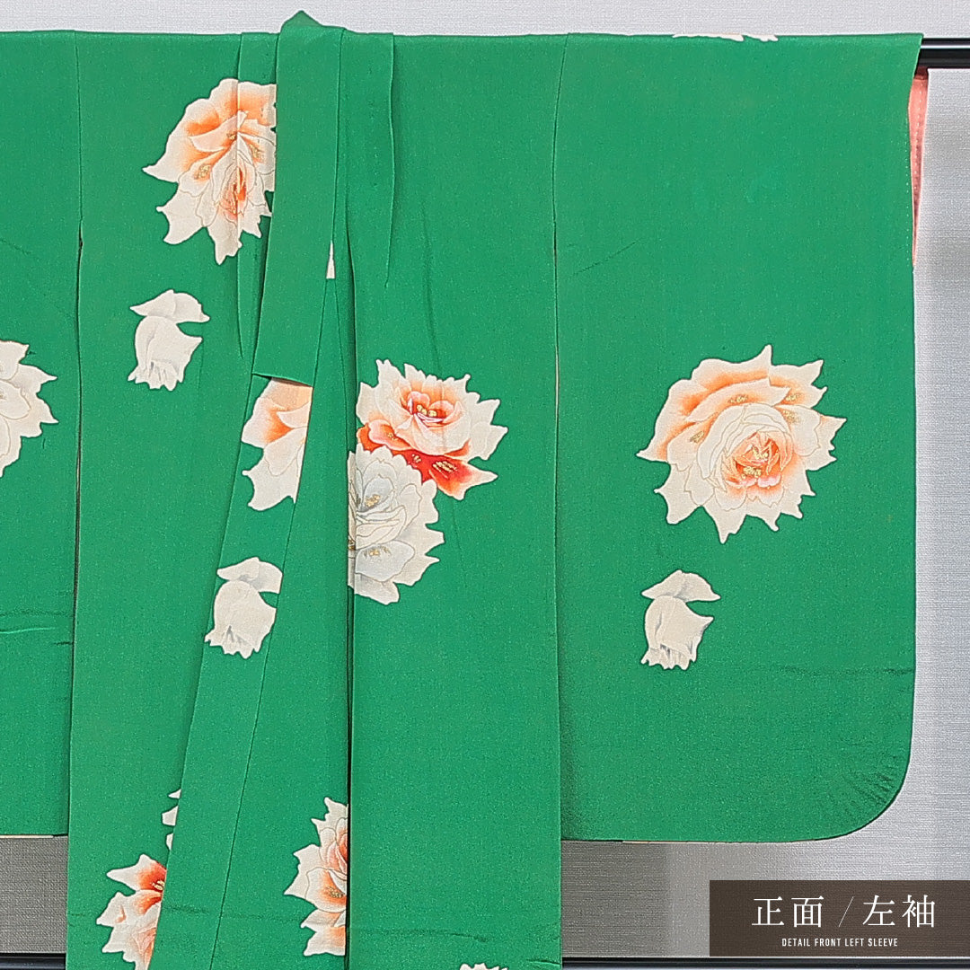 アンティーク 小紋 袷 身丈152cm 裄丈55cm 正絹 Cランク バチ衿 Sサイズ 金彩 薔薇 緑系 M4 1221-15494