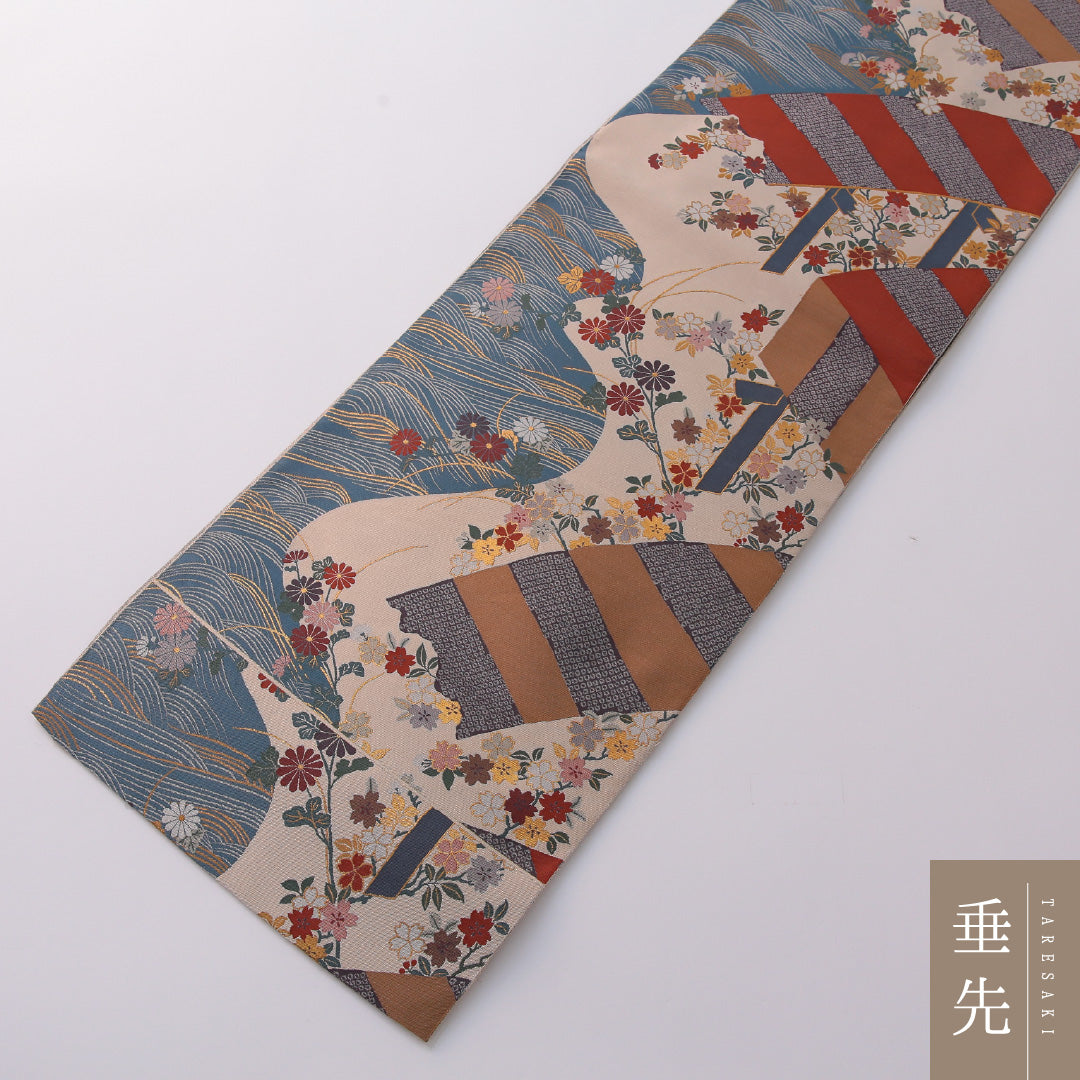 袋帯 帯丈432cm 正絹 全通 セミフォーマル 風景柄 桜 吉祥文様 多色系 1243-01932