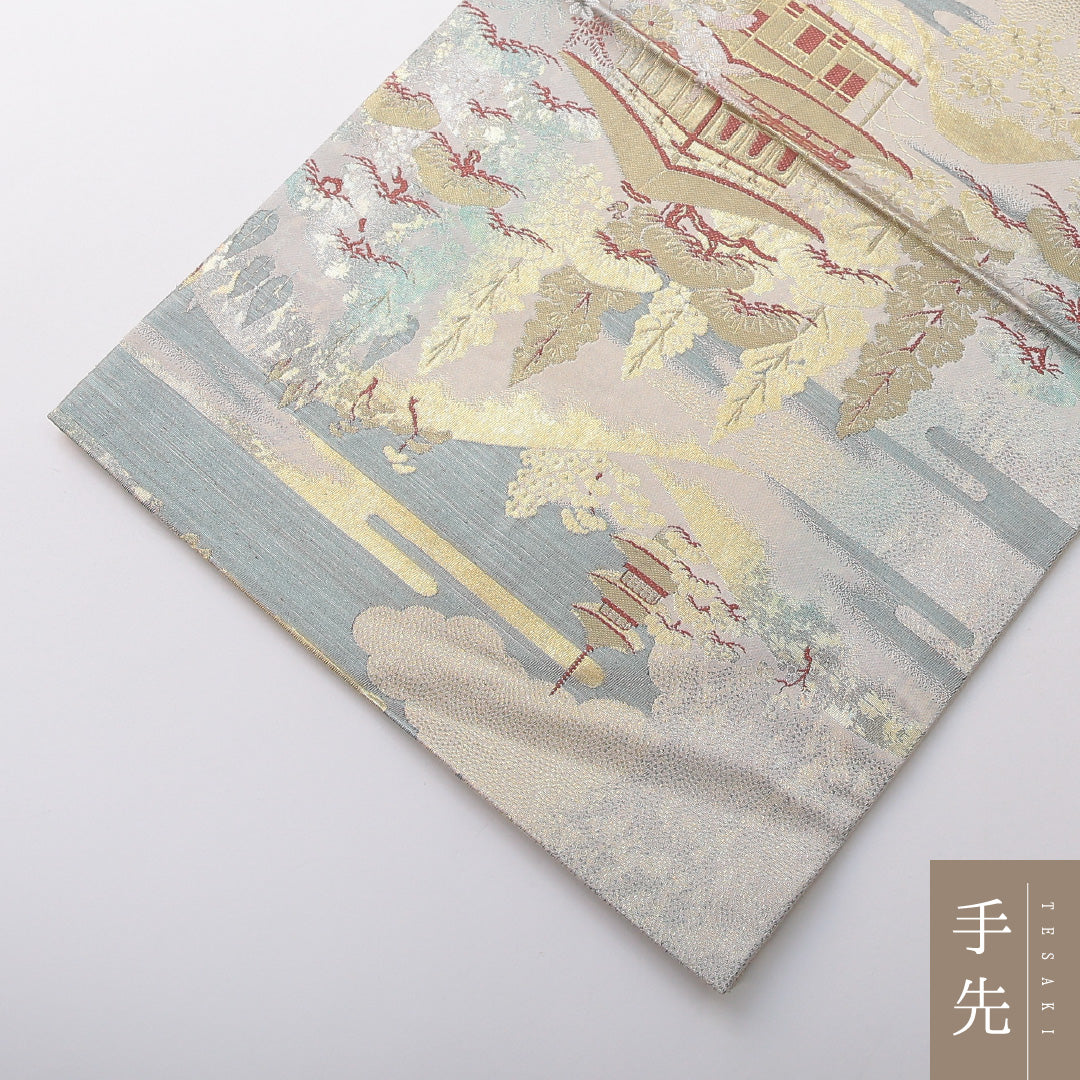 袋帯 帯丈428cm フォーマル 六通 Sランク 正絹 楼閣 クリーム系 1223-02076