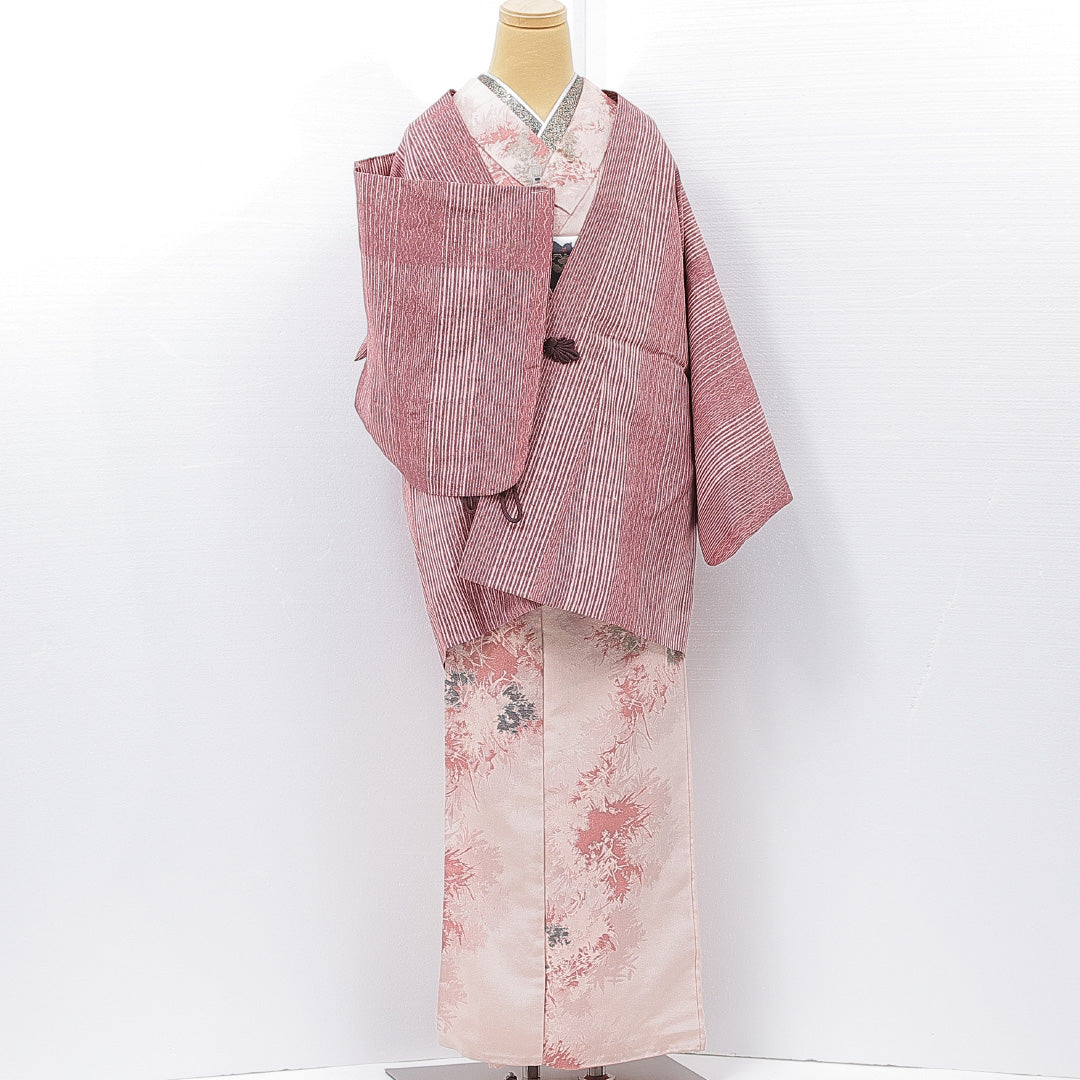 道中着 洗える着物 袷 身丈80cm 裄丈66cm ポリエステル Aランク Mサイズ バチ衿 カジュアル 縞 ピンク系 1264-15132