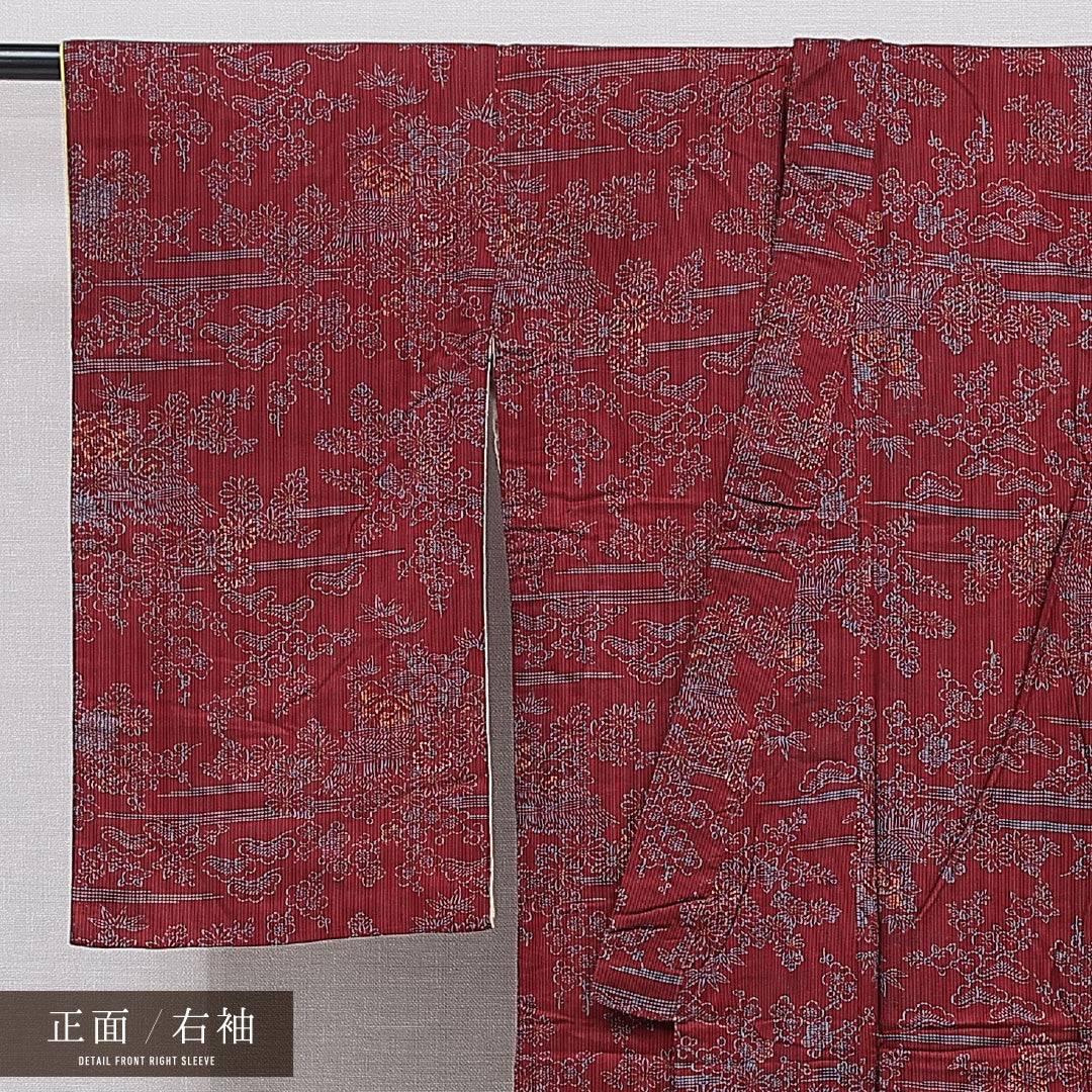 アンティーク 小紋 袷 身丈138cm 裄丈60cm 正絹 Bランク 広衿 XSサイズ 染め紬 菊 赤系 RP 1221-15512