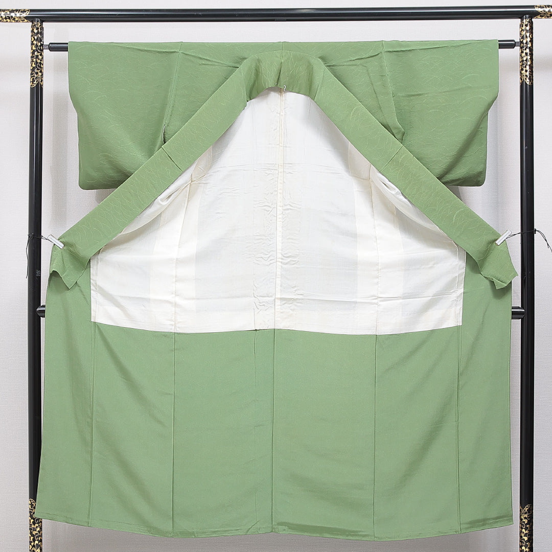 小紋 袷 身丈150cm 裄丈60cm 正絹 モンモリローナイト Sランク Sサイズ 広衿 インフォーマル ちりめん 扇 菊 緑系 1215-15906