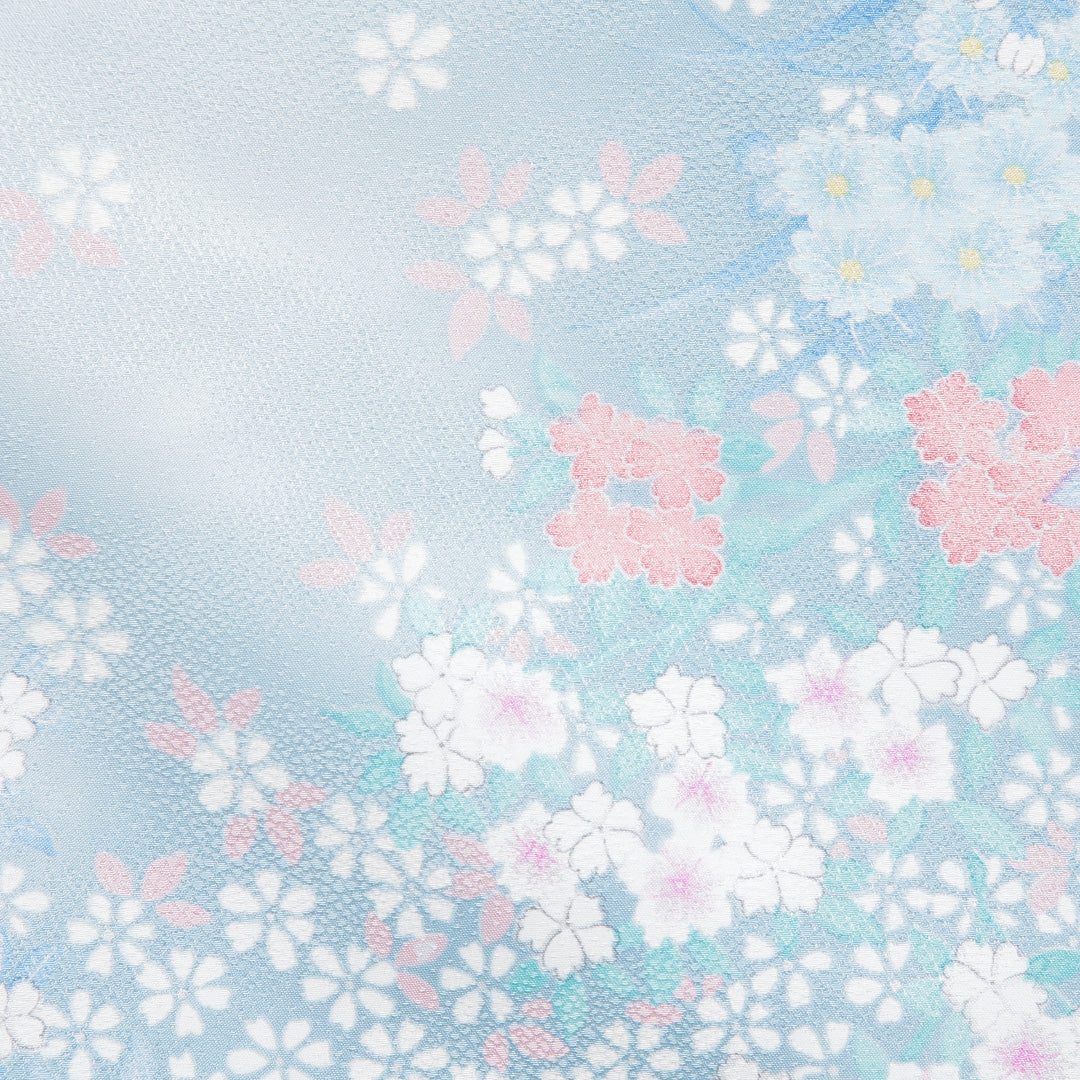 小紋 洗える着物 袷 身丈164cm 裄丈65cm ポリエステル Cランク Lサイズ 広衿 インフォーマル 花柄 水色系 1215-16255