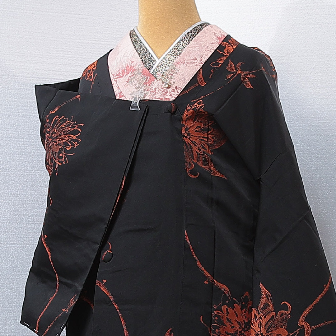 アンティーク 道行コート(お召) 袷 身丈88cm 裄丈62cm 正絹 Aランク Sサイズ ポケットあり 花柄 黒系 1263-16802