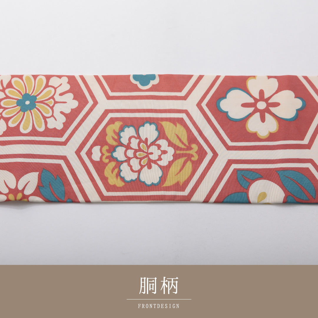 九寸名古屋帯 Cランク 帯丈339cm 正絹 全通 名古屋仕立て 染め インフォーマル 亀甲 菊 くすんだピンク系 HP 1245-03724