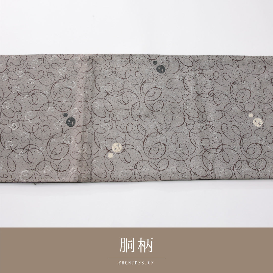 アンティーク 九寸名古屋帯 帯丈370cm 開き仕立て 六通 Aランク 正絹 創作柄 落款 グレー系 1224-04172