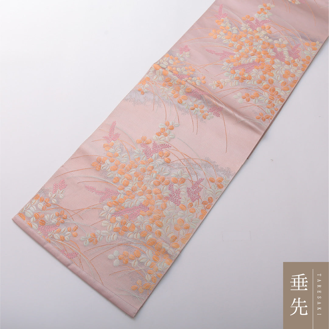 八寸名古屋帯 帯丈374cm カジュアル 開き仕立て 六通 Aランク 正絹 藤 ピンク系 紫系 1224-03492