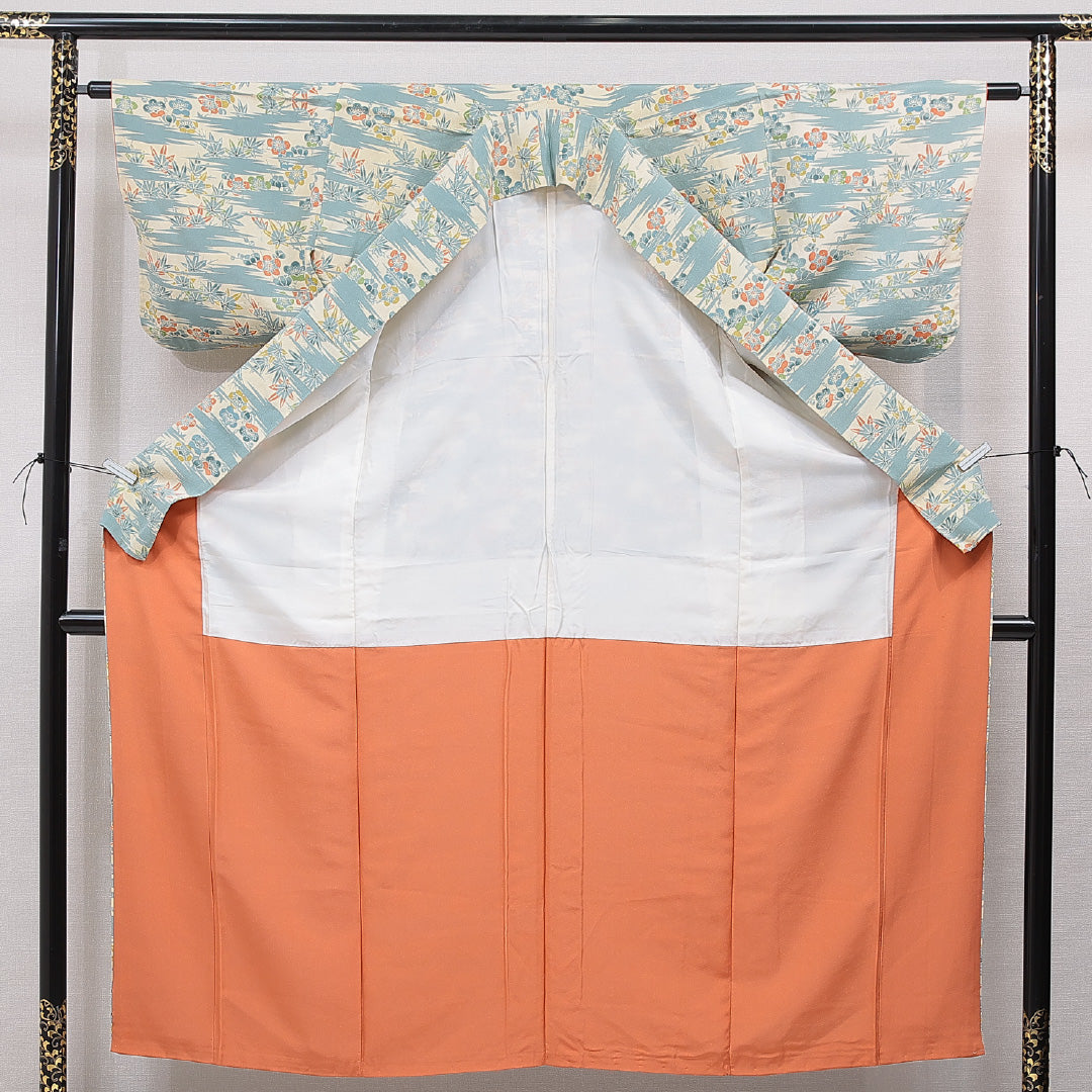 小紋 袷 身丈150cm 裄丈61cm 正絹 Sランク インフォーマル 広衿 Sサイズ 梅 紅葉 クリーム系 RP 1221-15518