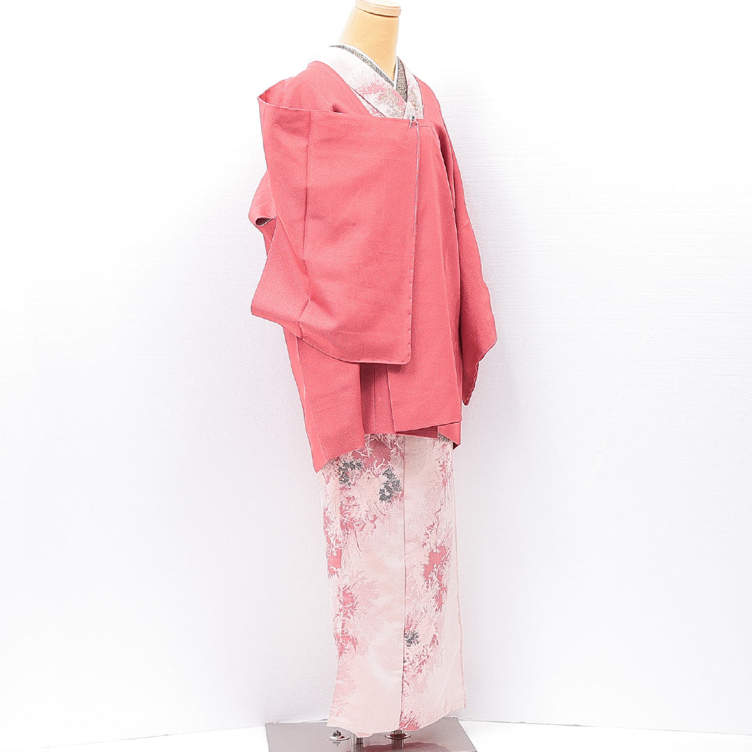 道行コート 単衣 身丈81cm 裄丈65cm 正絹 Sランク セミフォーマル Mサイズ ポケットあり 抱き茗荷 ピンク系 RP 1237-15183