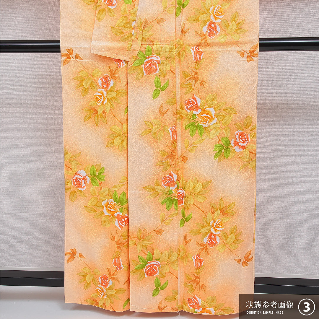 洗える着物 小紋 袷 身丈160cm 裄丈64cm ポリエステル Bランク インフォーマル 広衿 Lサイズ 薔薇 朱系 HP 1221-16382